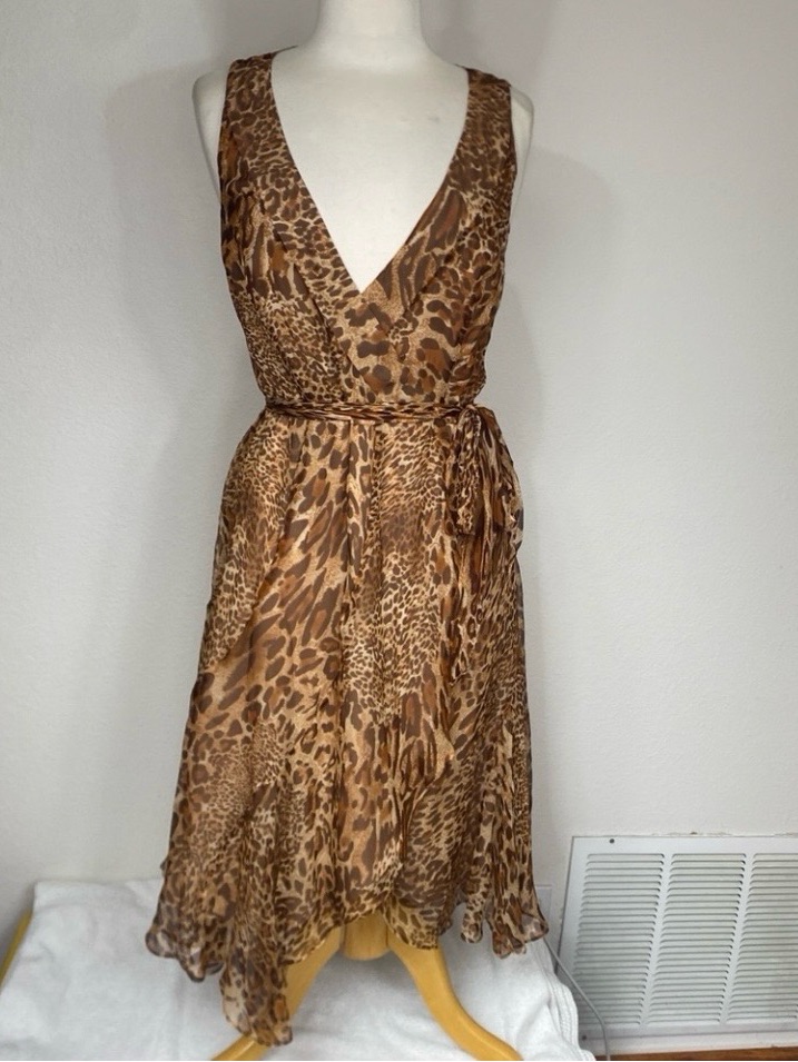I.C.E. Womens Brown Tan Cheetah Print Silk Chiffon Ruffle Wrap Midi Dress Size 4